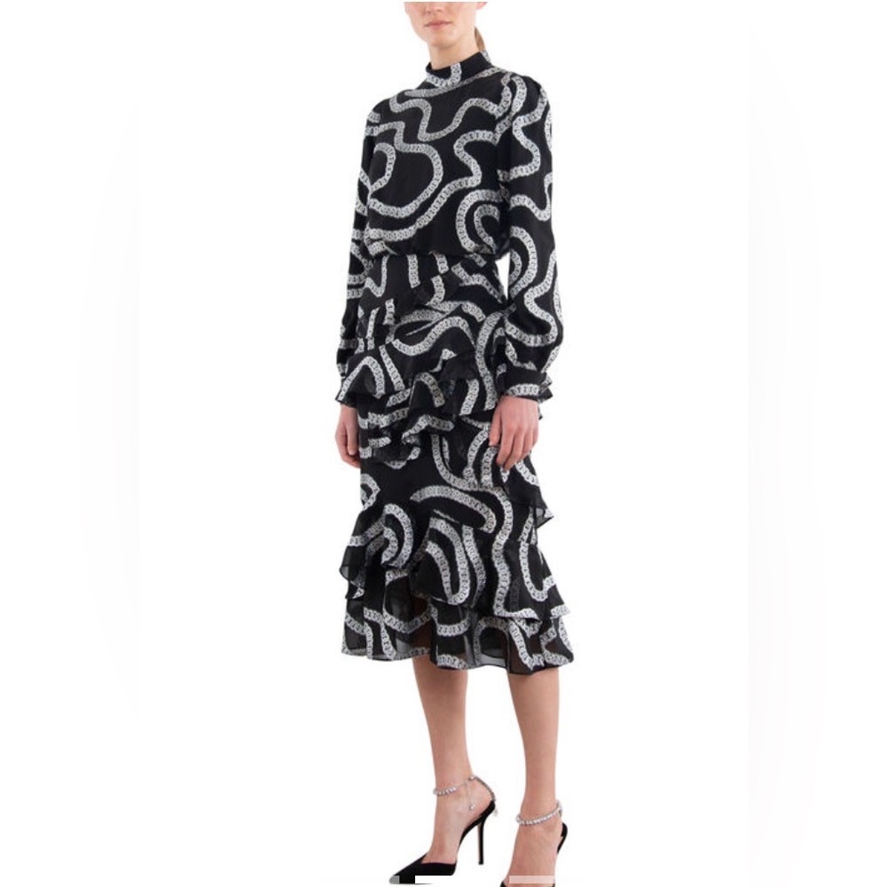 SALONI Black and White Chain Printed Midi Dress